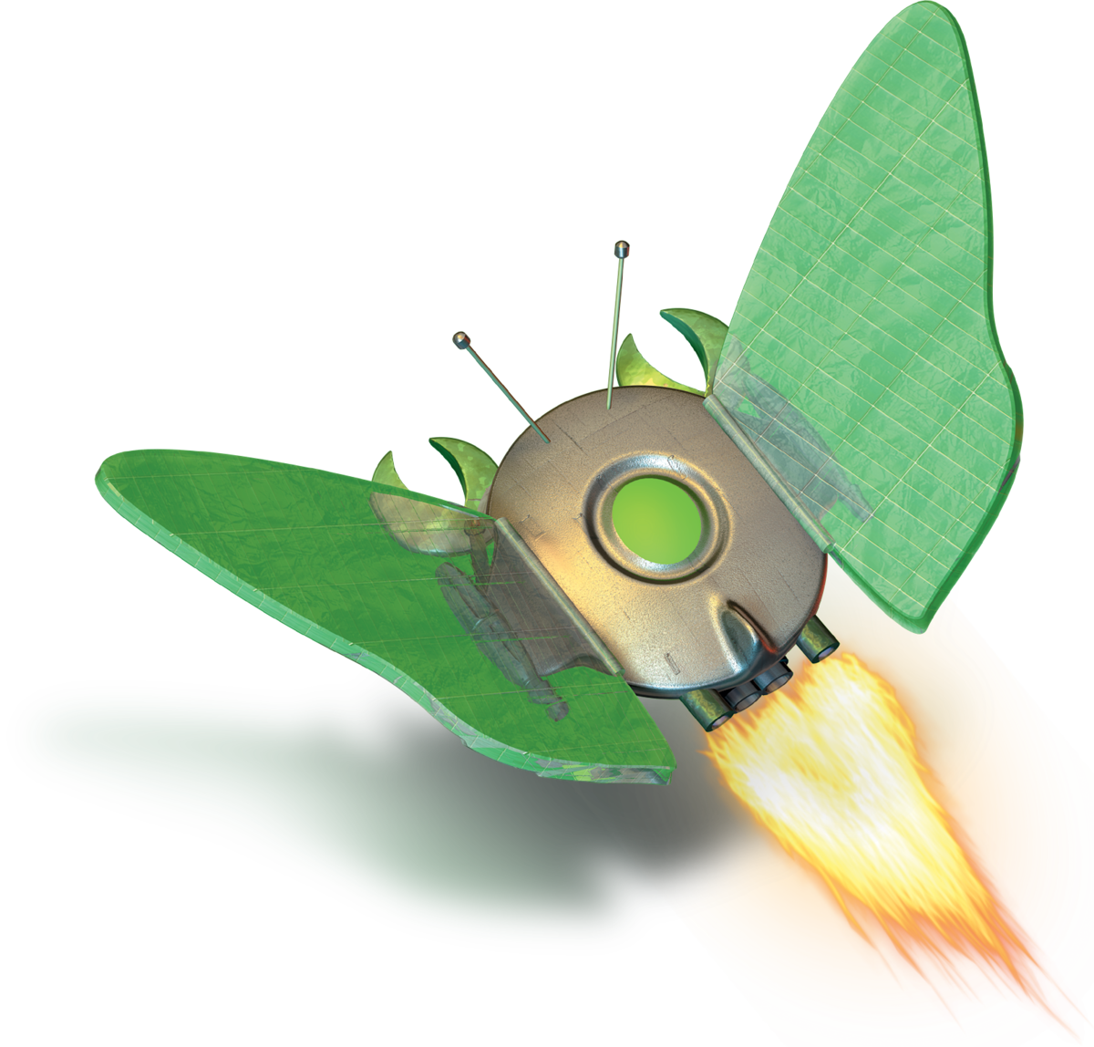 A DDSN robotic butterfly critter with green solar-panel wings, rocketing along with its thruster firing